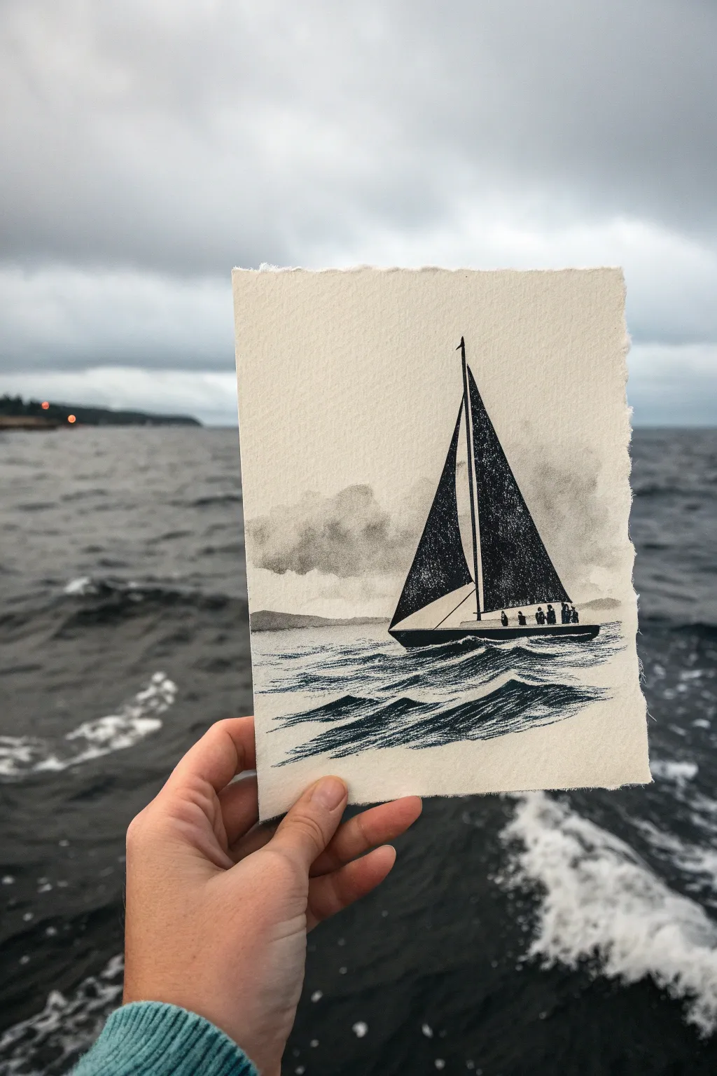 Minimal sailboat silhouette gliding through choppy ink seas under a moody Scandinavian sky.