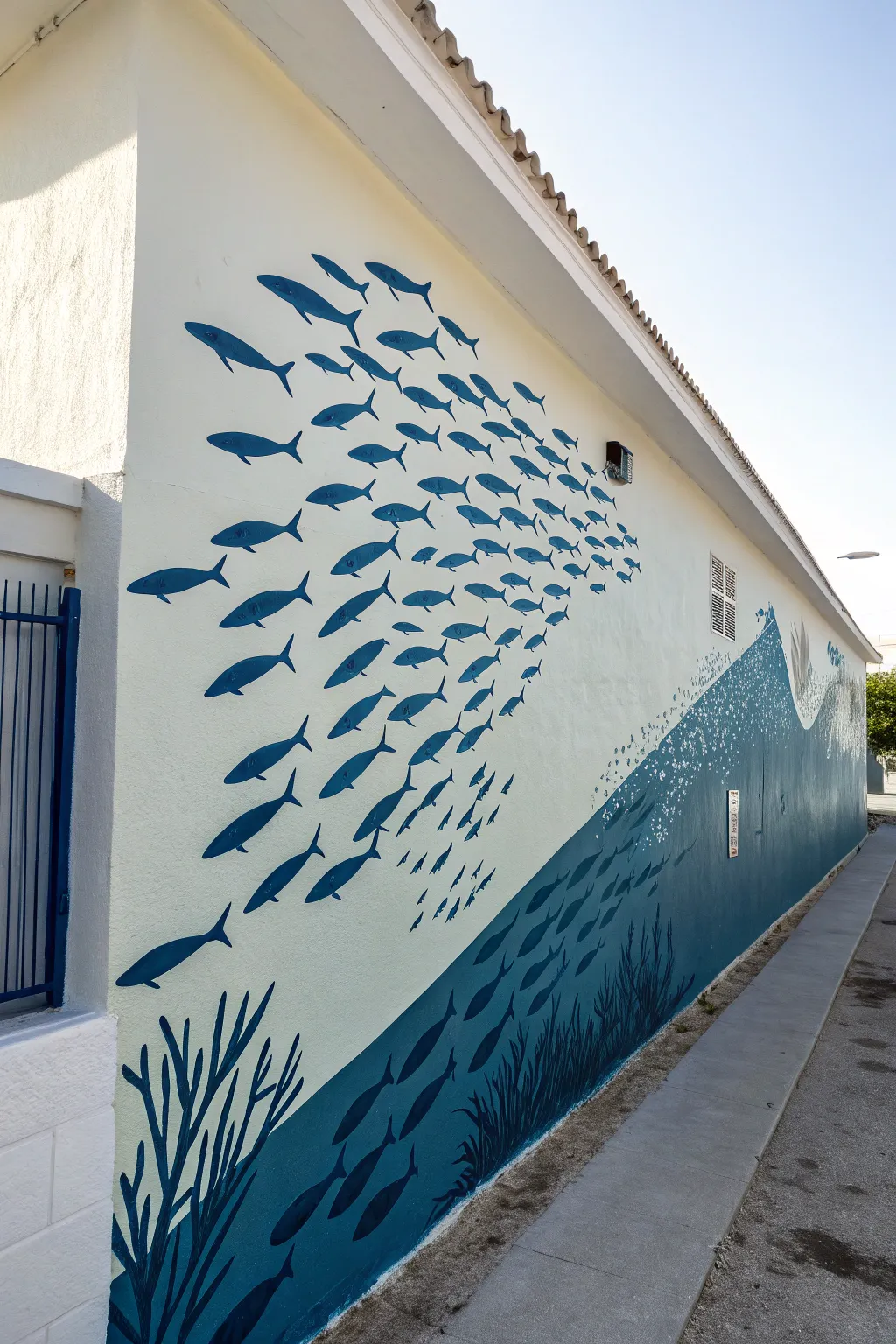 Minimalist schooling fish mural drift, deep navy on warm white for calm ocean motion.