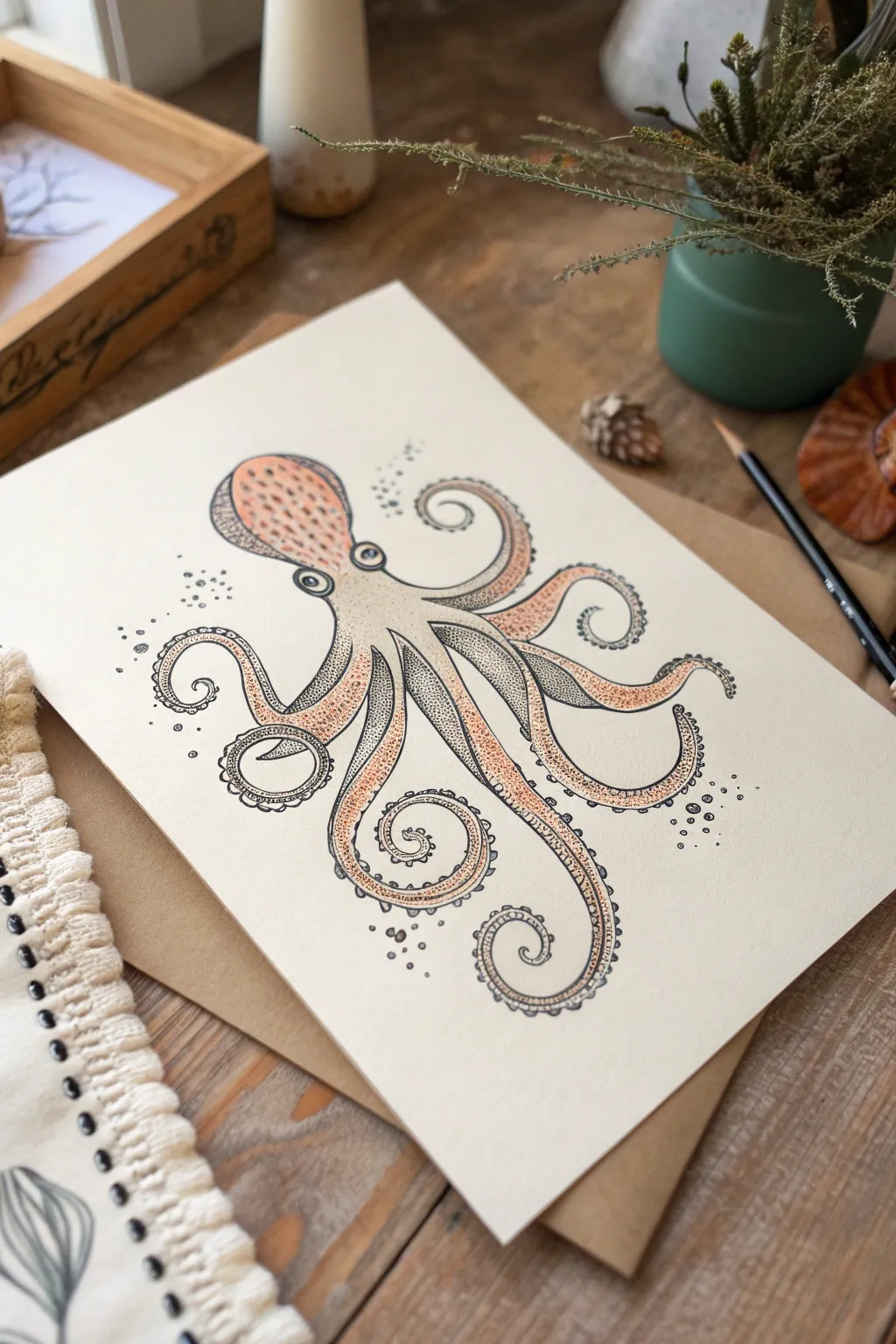 Patterned octopus artwork idea with dots, stripes, and swirls wrapping every tentacle.