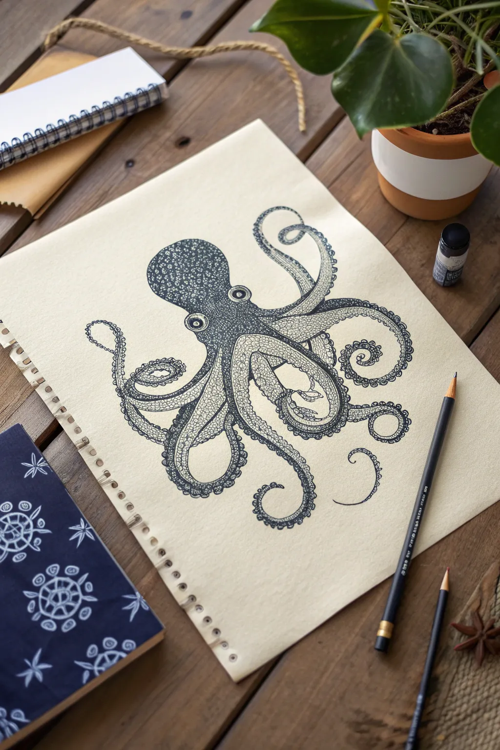 Minimalist dotwork octopus skin with clustered shadows and airy highlights on warm ivory paper