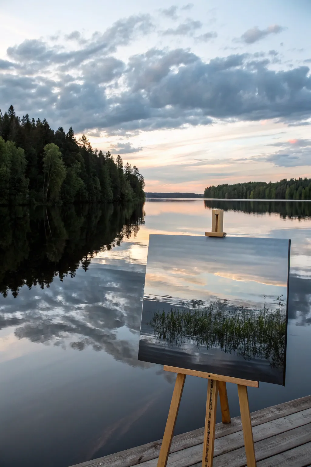 Mirror-still lake reflection with gentle ripples, bold darks and luminous highlights