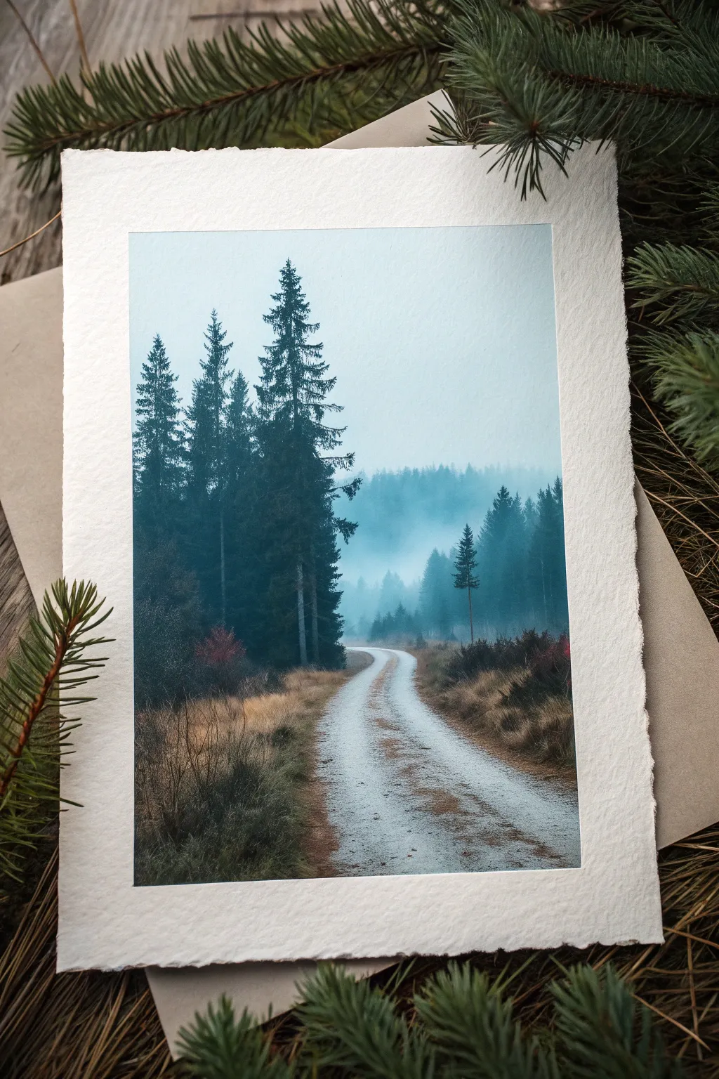 Misty green forest path in oil pastels, blending soft fog with bold tree silhouettes.