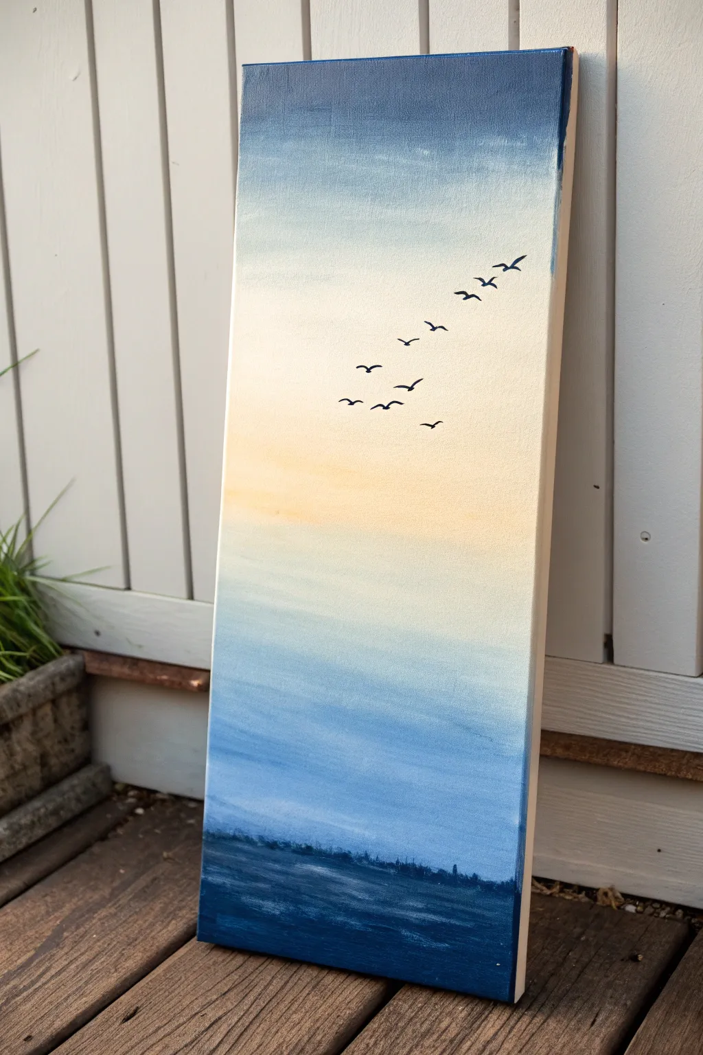 Minimal ombre sky canvas with a simple flock of birds, perfect for a calm boho wall.