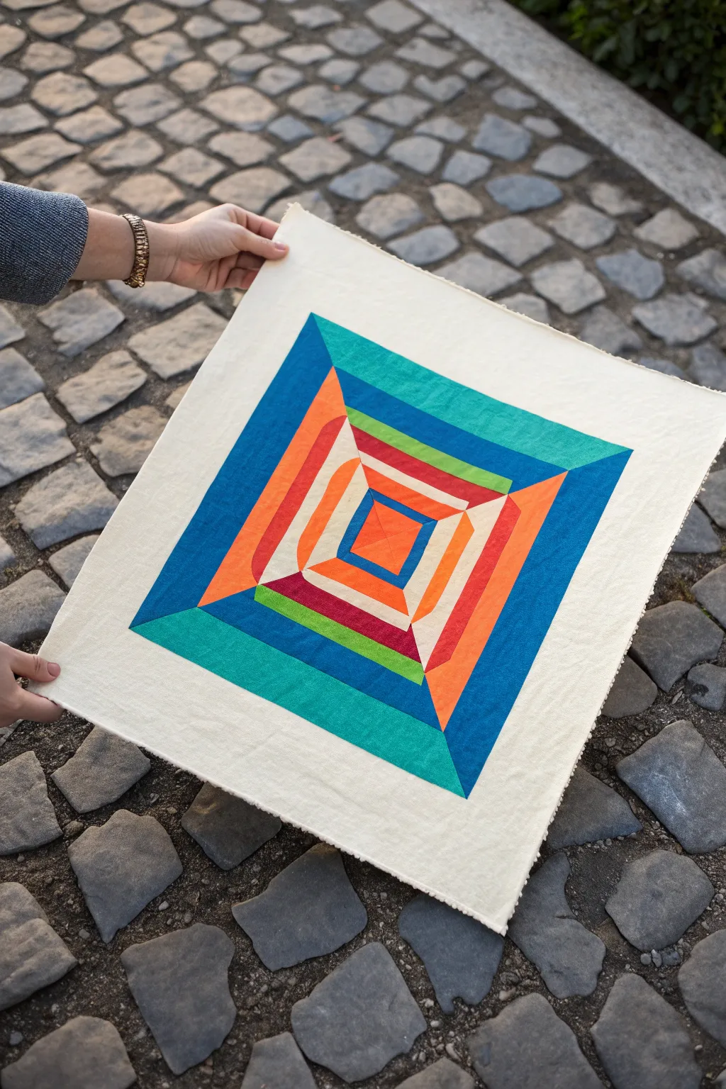 Vibrating complementary color blocks create shimmering edges for a chic minimalist optical illusion