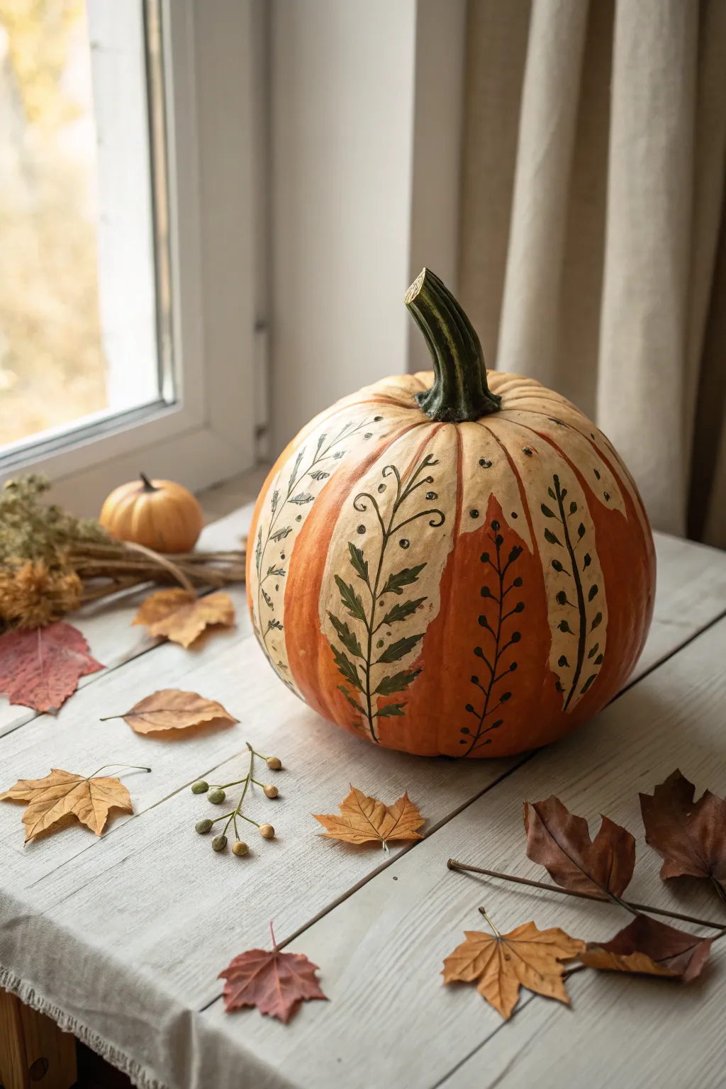 Leafy vines trace the pumpkin ribs in warm greens and creams for a minimalist autumn paint idea.