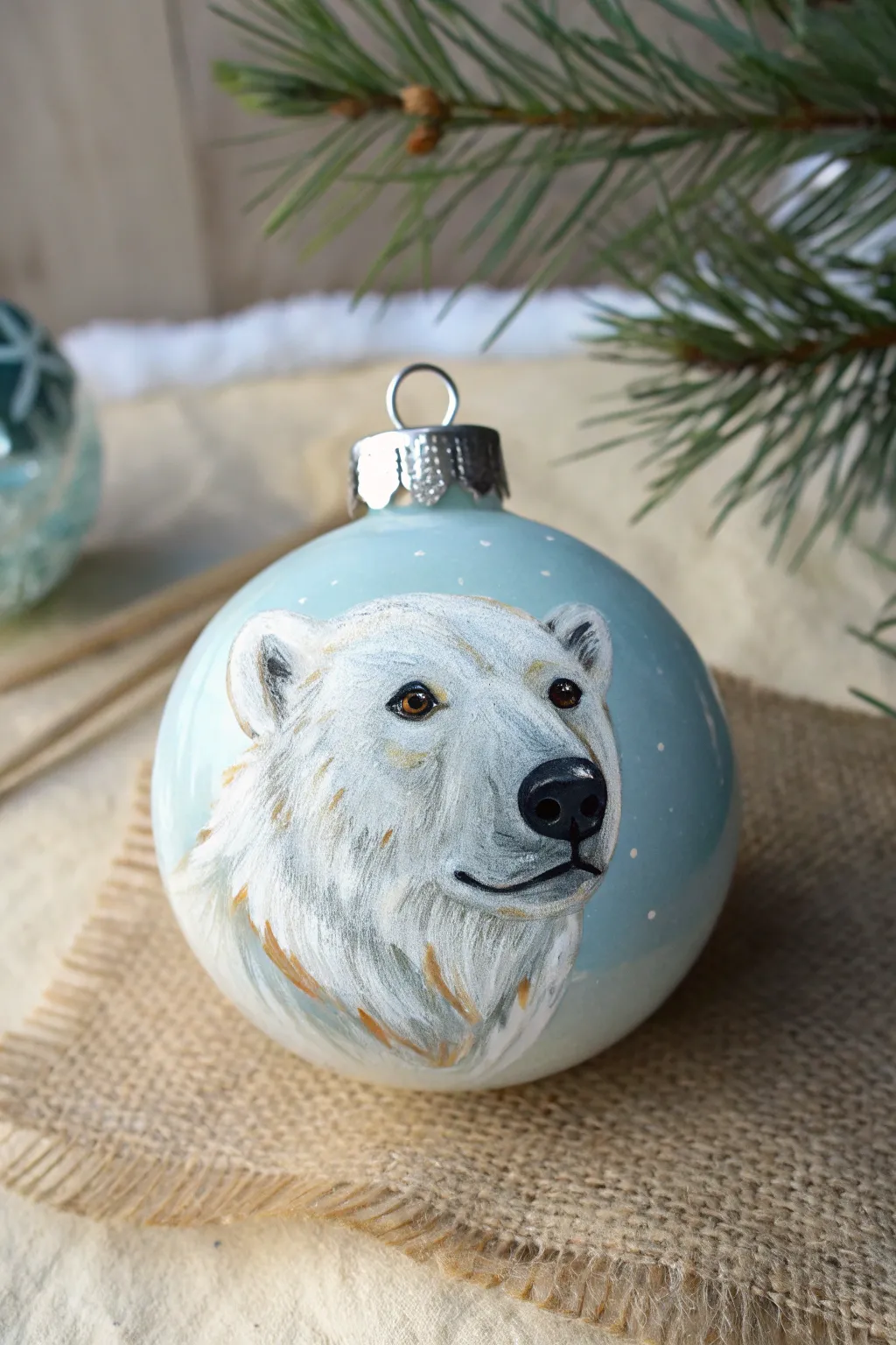 Pale blue ornament with a hand-painted polar bear and soft snout highlights in cool daylight
