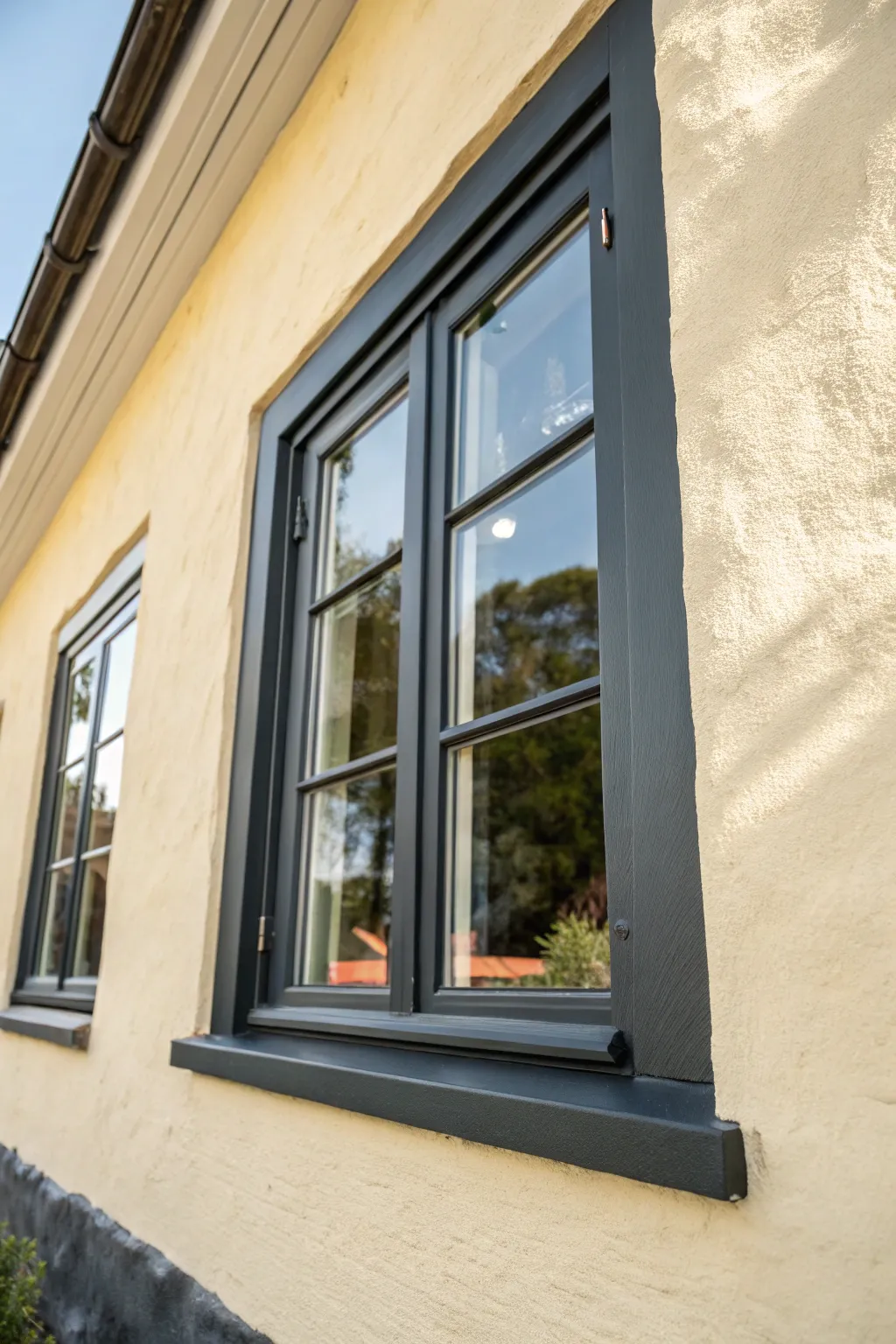 Crisp dark window frames on a pale wall for a sleek, modern outdoor paint refresh