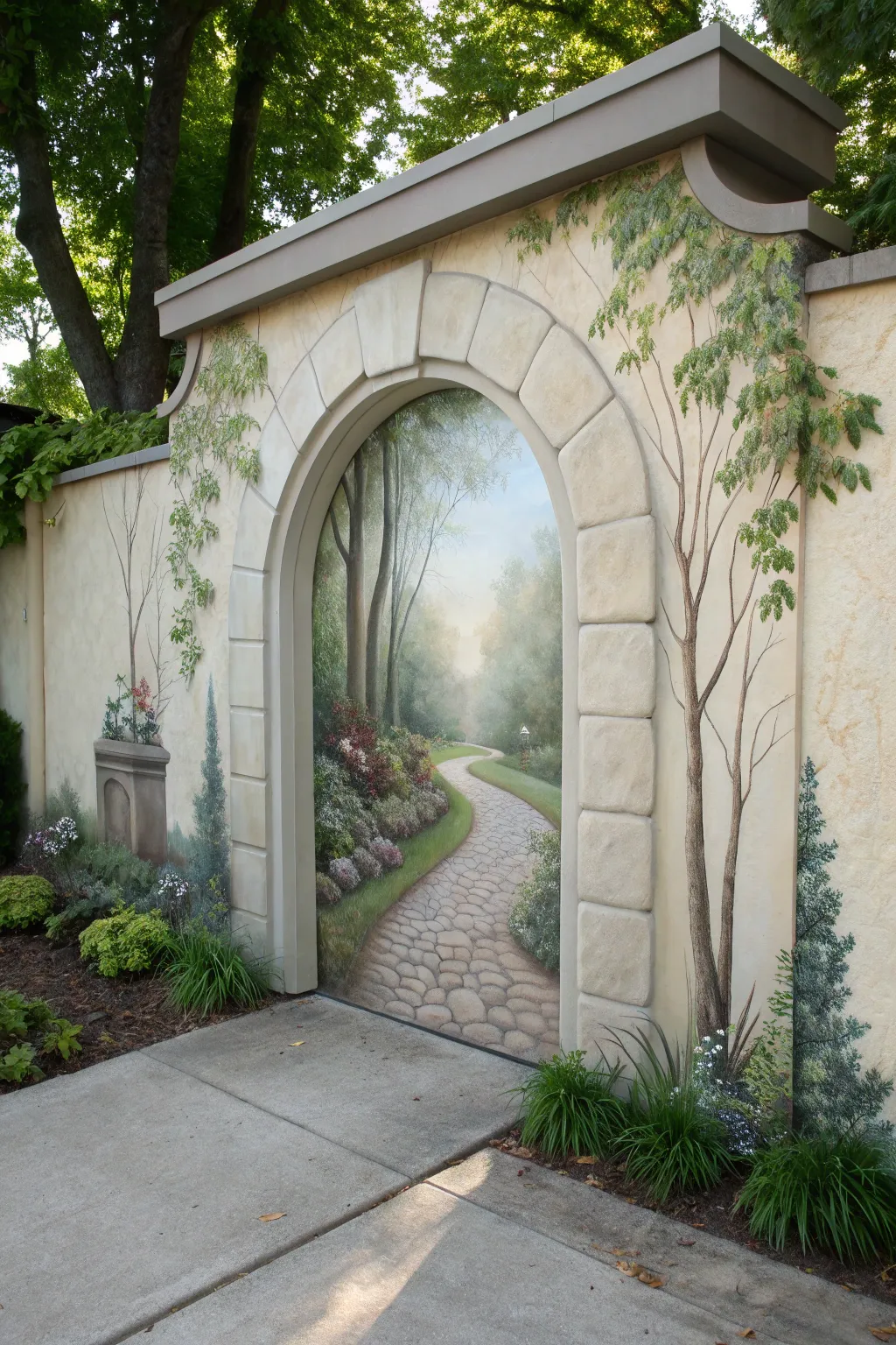 Hand-painted archway mural turns a plain stucco wall into a dreamy secret garden escape