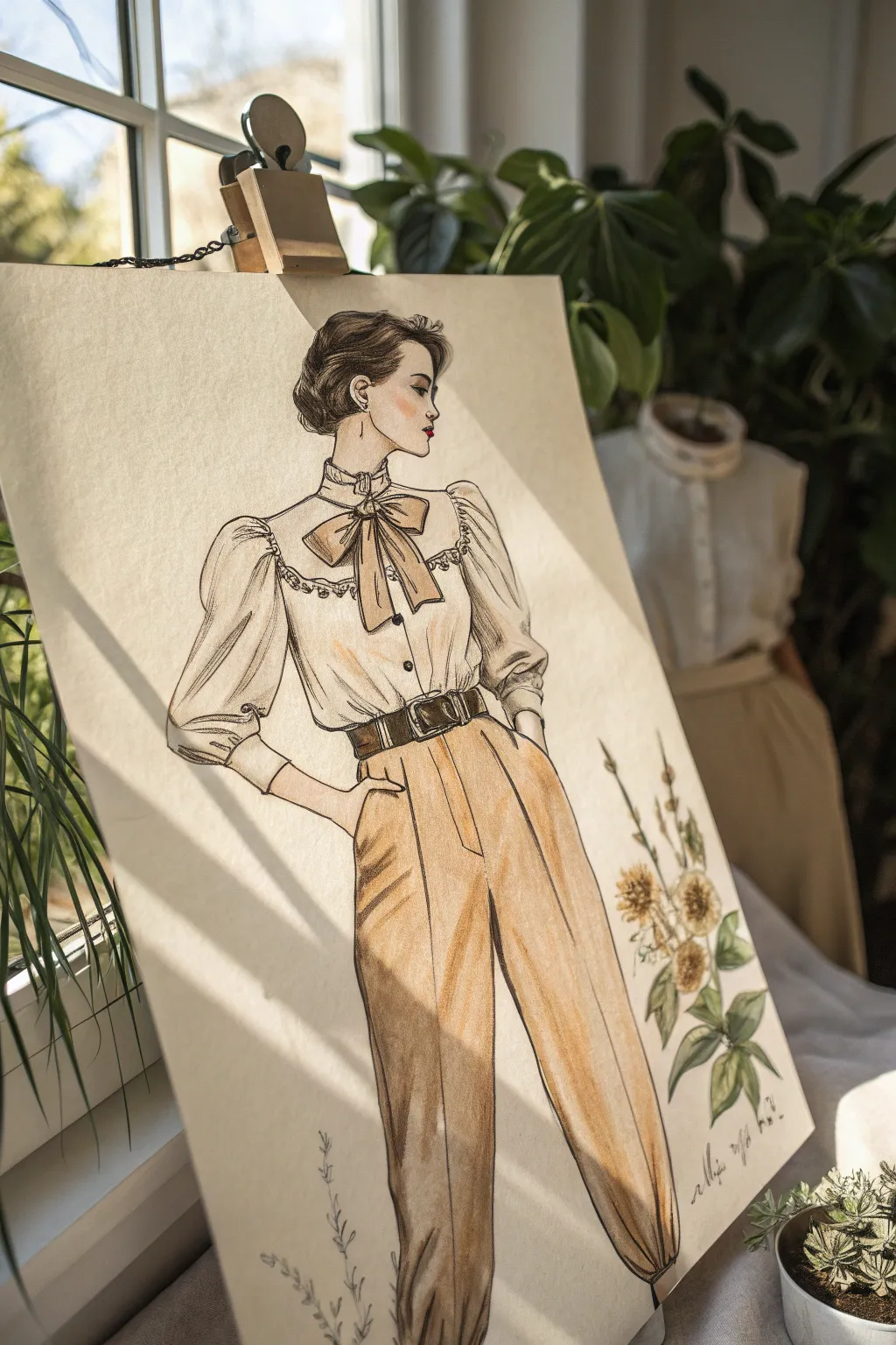 Vintage blouse and high-waisted trousers sketch, minimalist Scandinavian style with soft boho washes
