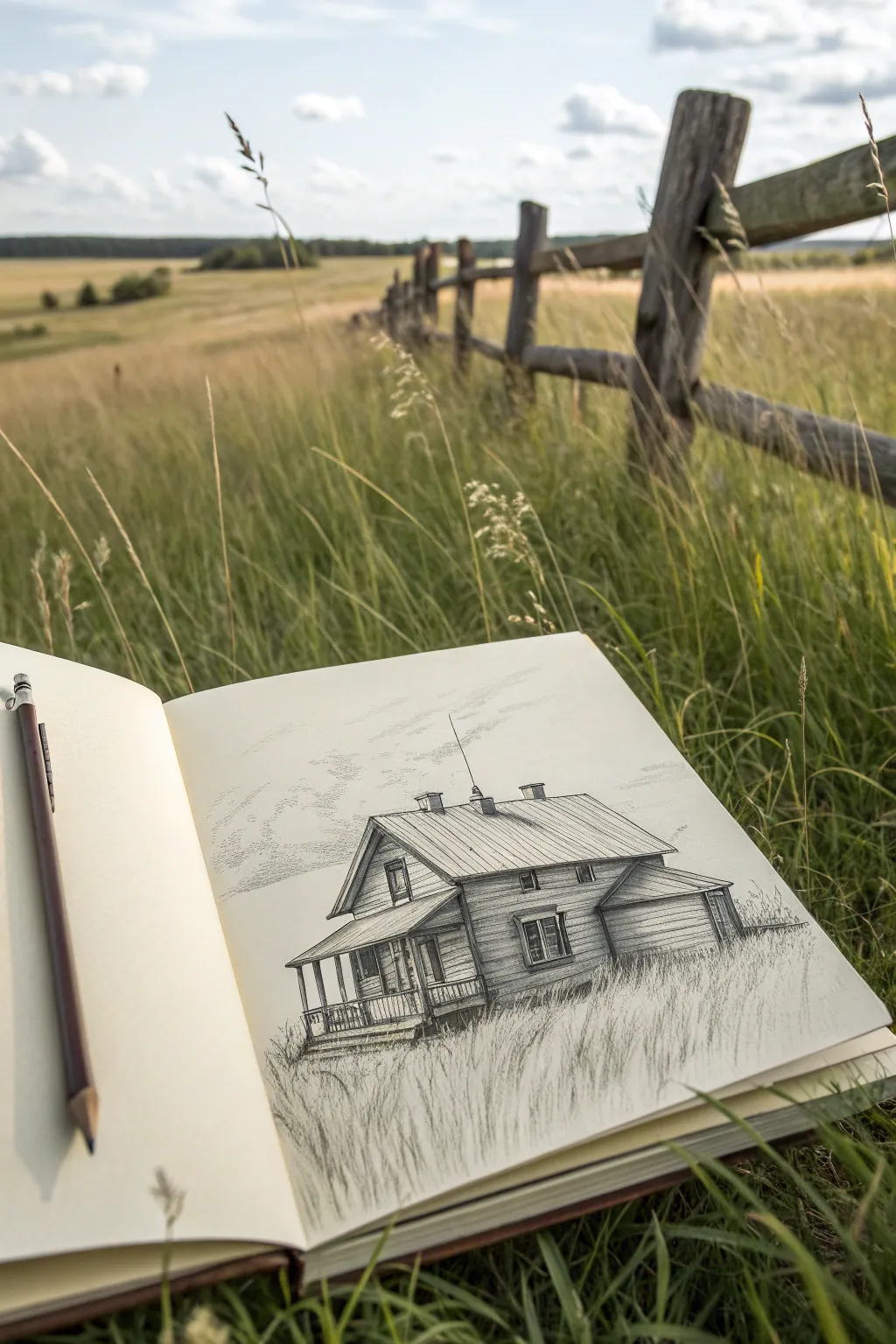 Rustic cottage sketch idea with light block in lines and simple texture accents for outdoor drawing