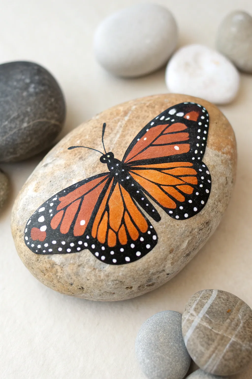 Monarch butterfly on an oval rock with bold black outlines and warm orange, simple and striking