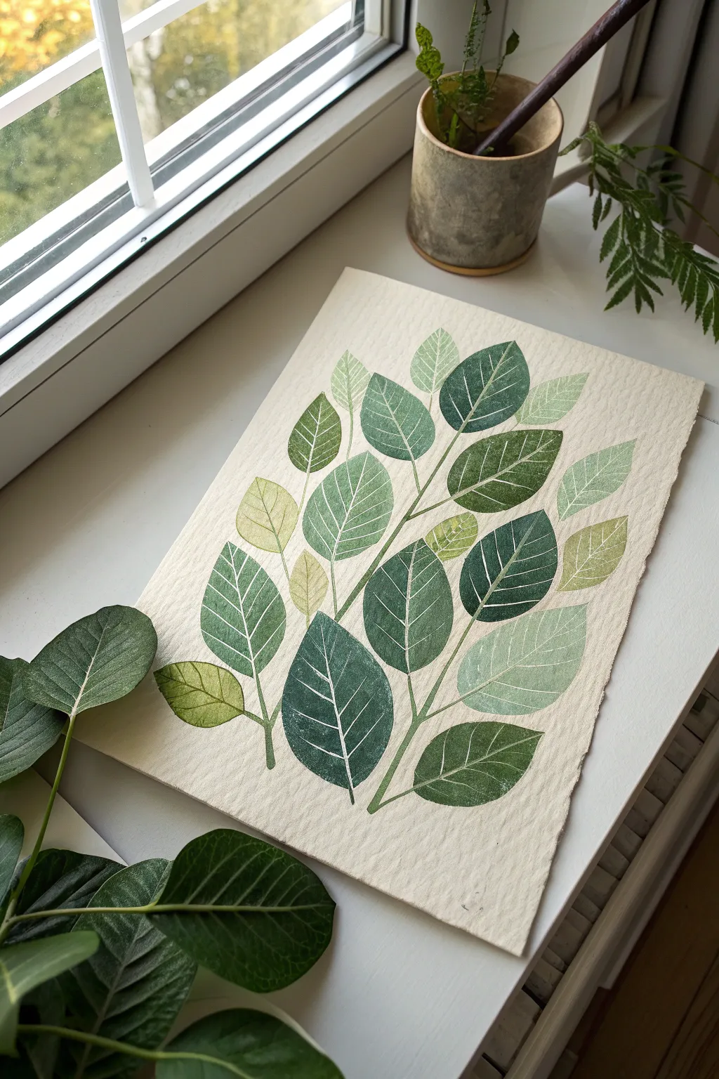 Overlapping leaves in calm greens, showing simple organic layers and depth for easy art practice.