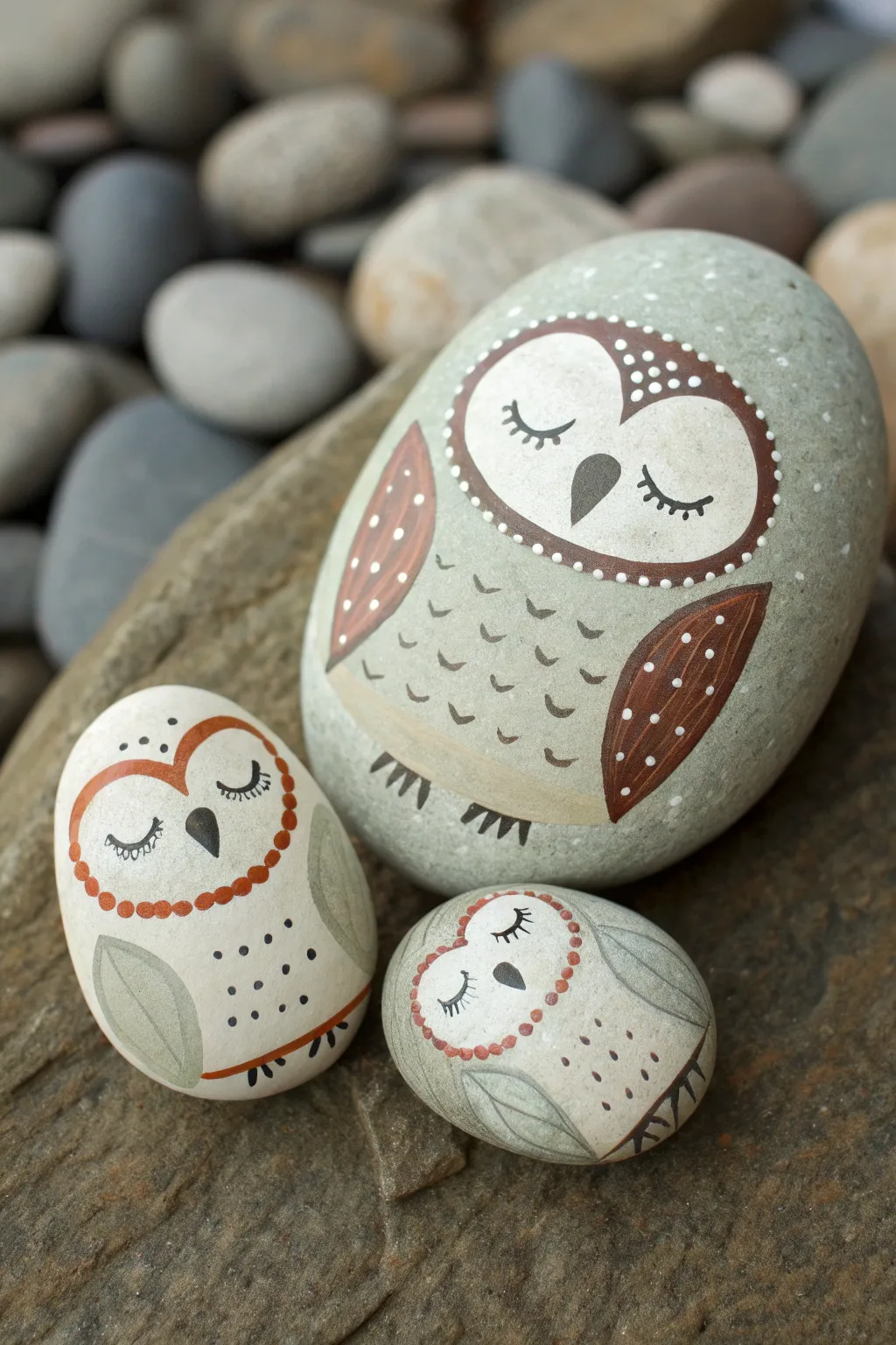 Cozy owl family rock set in minimalist boho style, perfect for easy rock painting ideas