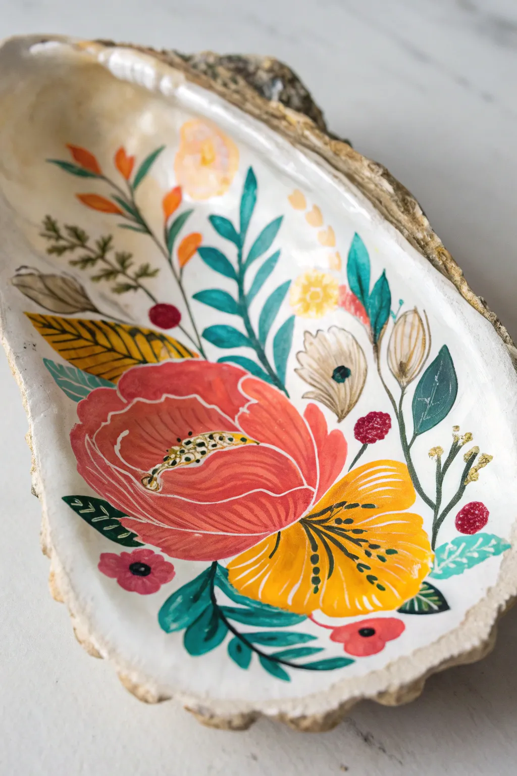 Bold floral oyster shell close-up on neutral linen, minimalist boho contrast and texture.