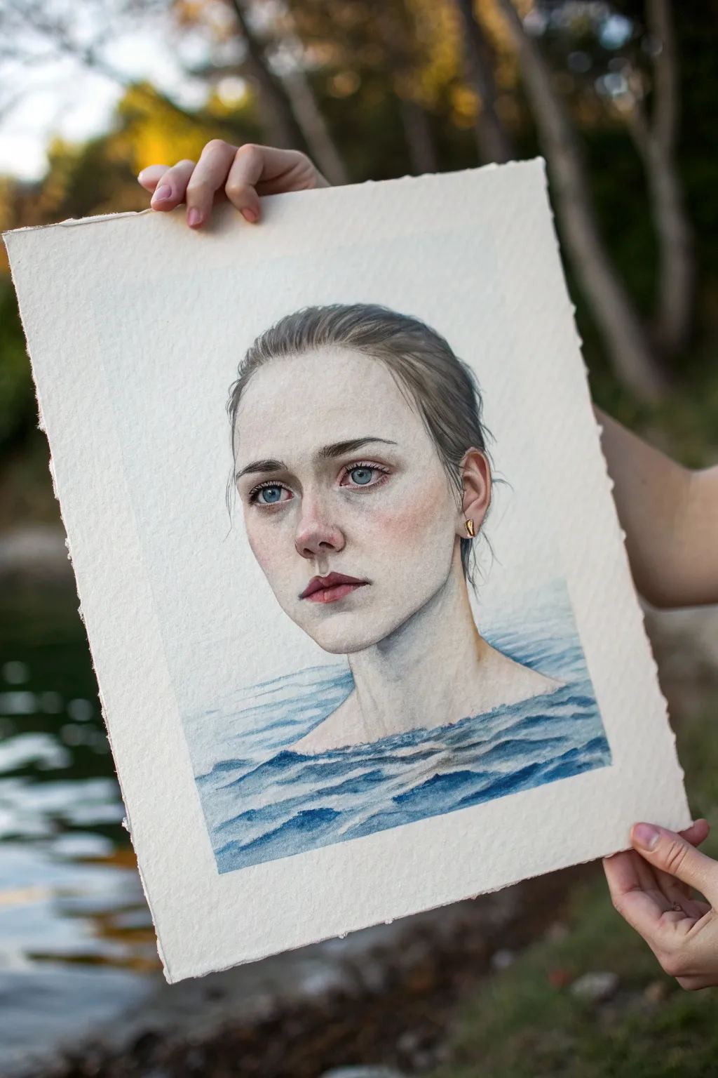 Minimal watercolor portrait with rising waterline and bubbles, capturing overwhelm and calm.