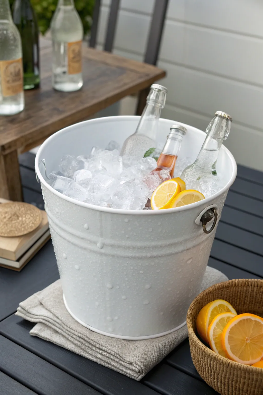 Patio-ready DIY drink cooler: a paint bucket packed with ice, citrus, and chilled bottles