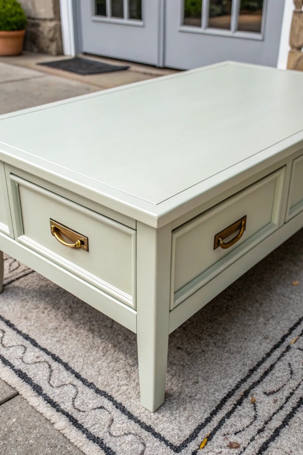 Freshly painted coffee table with crisp drawer fronts and new hardware, styled with a simple tray