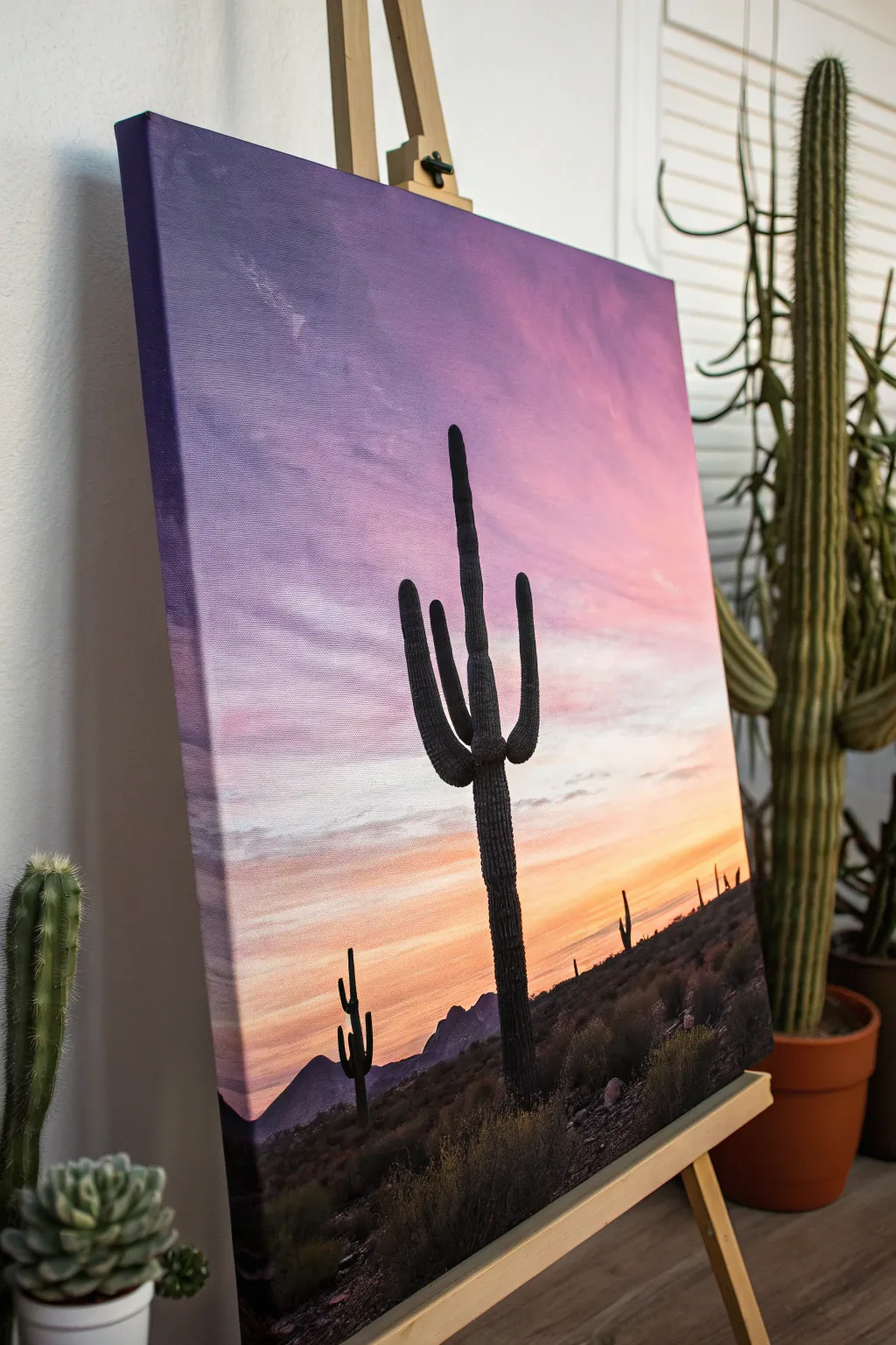 Simple dusk gradient canvas with a bold cactus silhouette for striking, calming contrast.