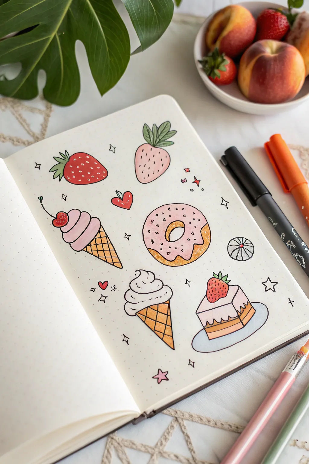 Sweet glossy food icons in paint marker style, simple shapes with tiny highlights that pop.