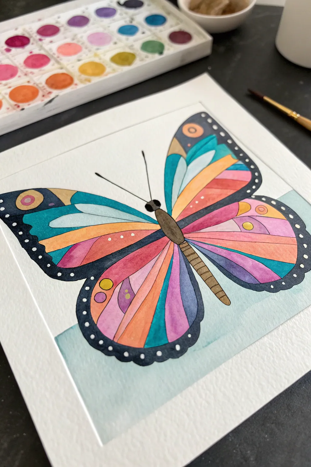 Bright block-pattern butterfly wings pop against a dark background, perfect for a paint party.
