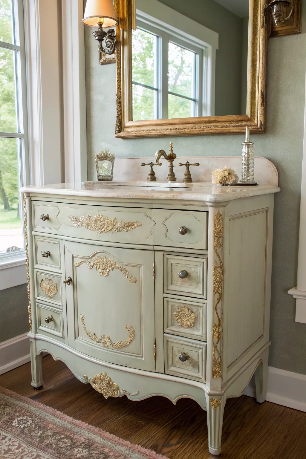 Soft metallic dry-brush highlights give this painted antique vanity a subtle, elegant glow.