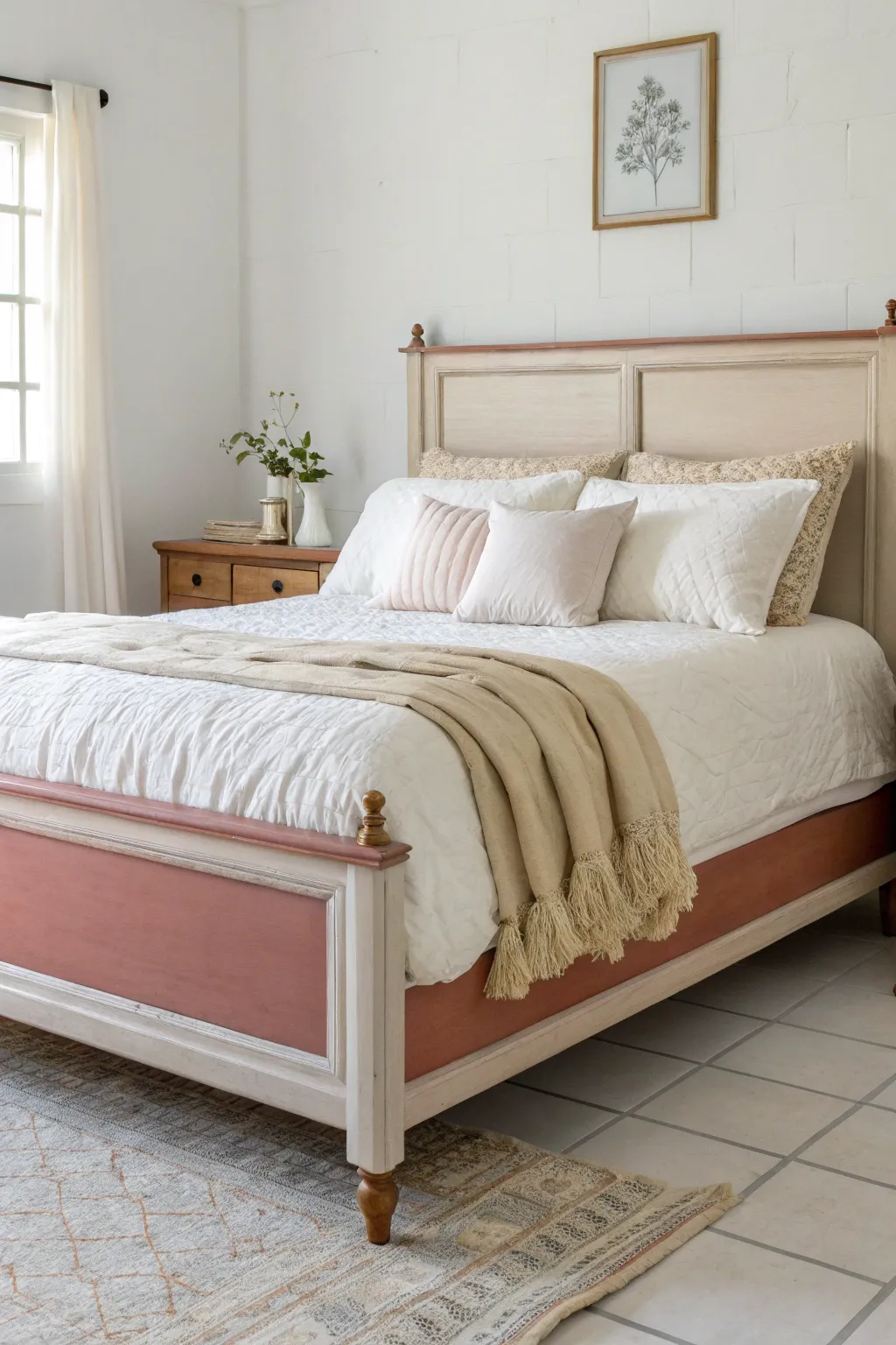 Two-tone painted bed frame and headboard with linens that echo both hues, calm and modern