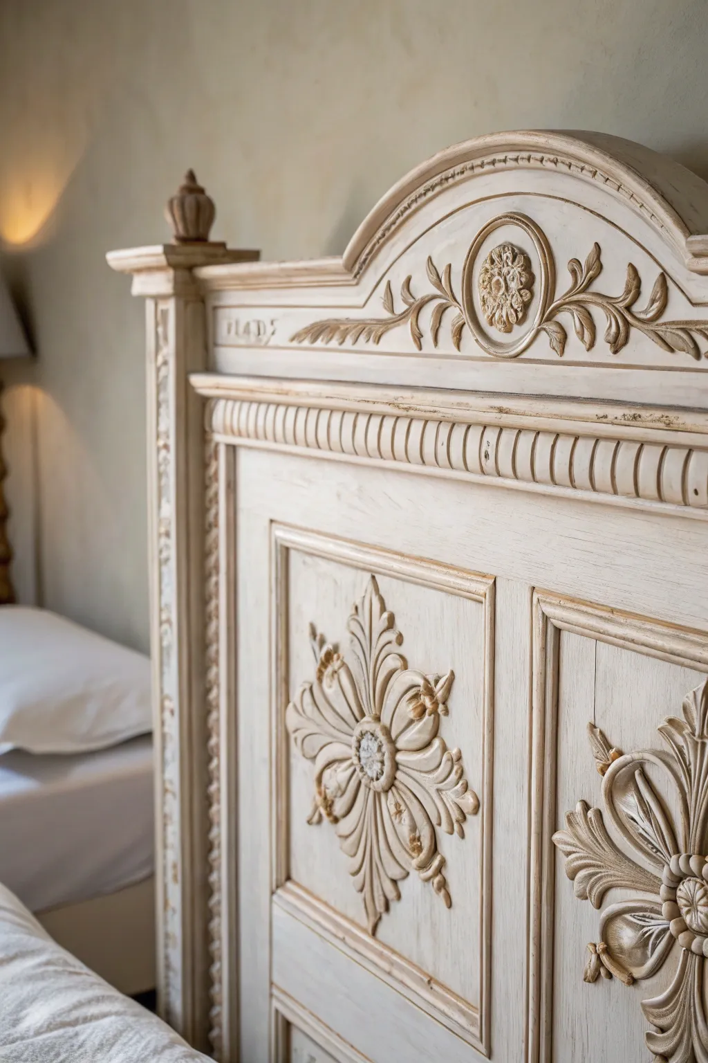Side-lit painted headboard close-up showing crisp carving and molding in soft Scandinavian tones.
