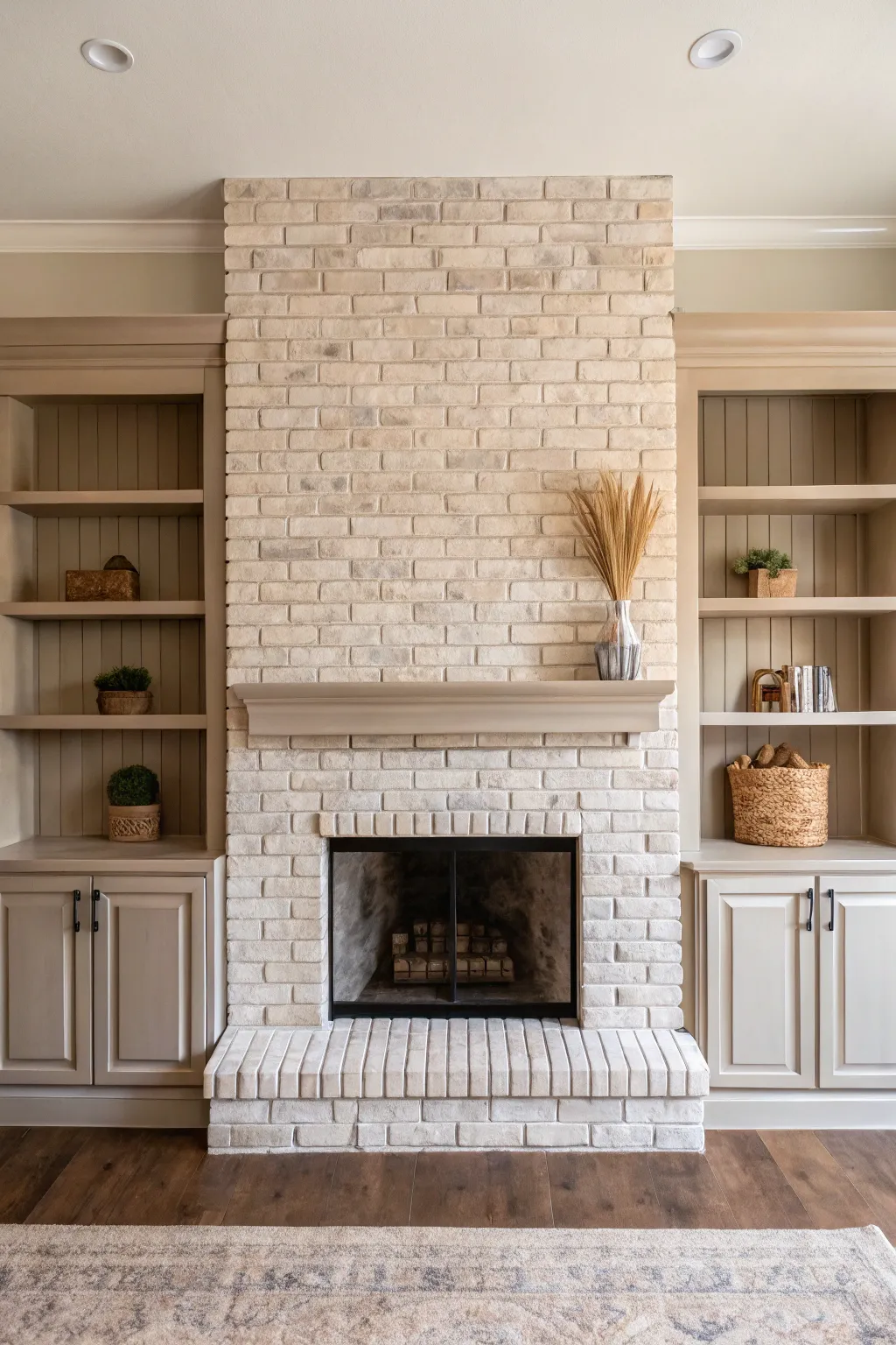 Seamless same-color brick fireplace with built-ins for a calm, custom Scandinavian-boho look.