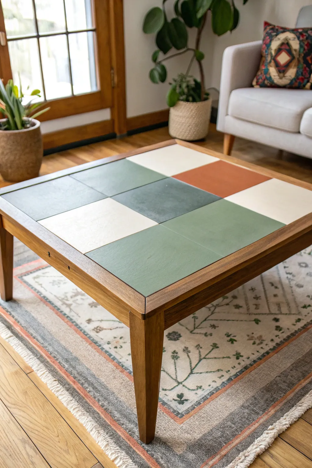 Color-blocked coffee table makeover with crisp tape lines and modern geometric sections