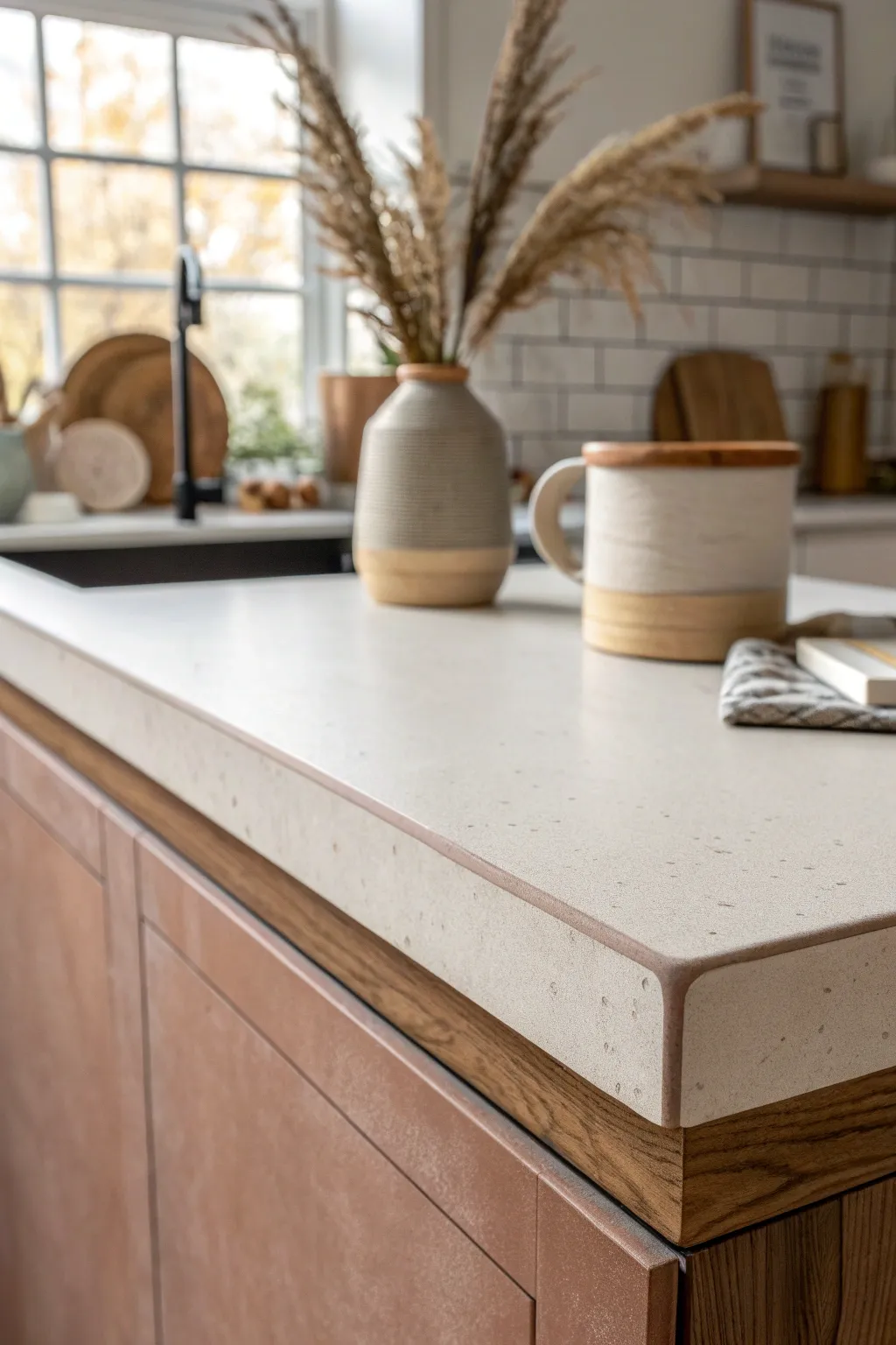 Two-tone painted countertop edge with subtle waterfall detail, minimalist boho charm.