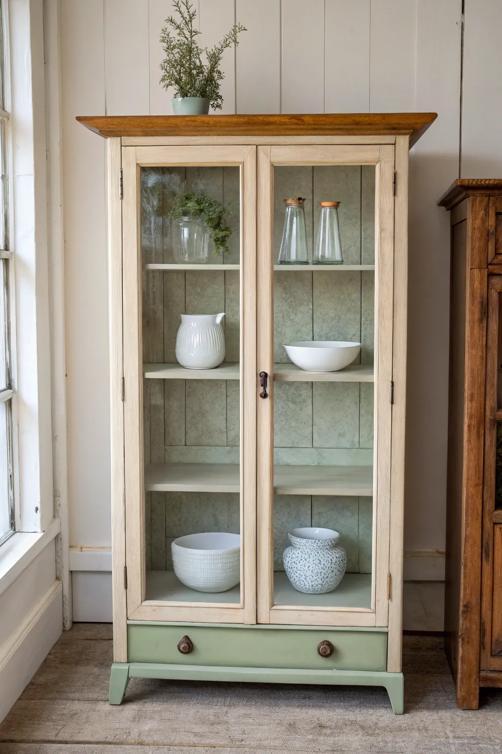 Painted shelves in a soft contrast shade make glass and ceramics glow inside the curio cabinet.