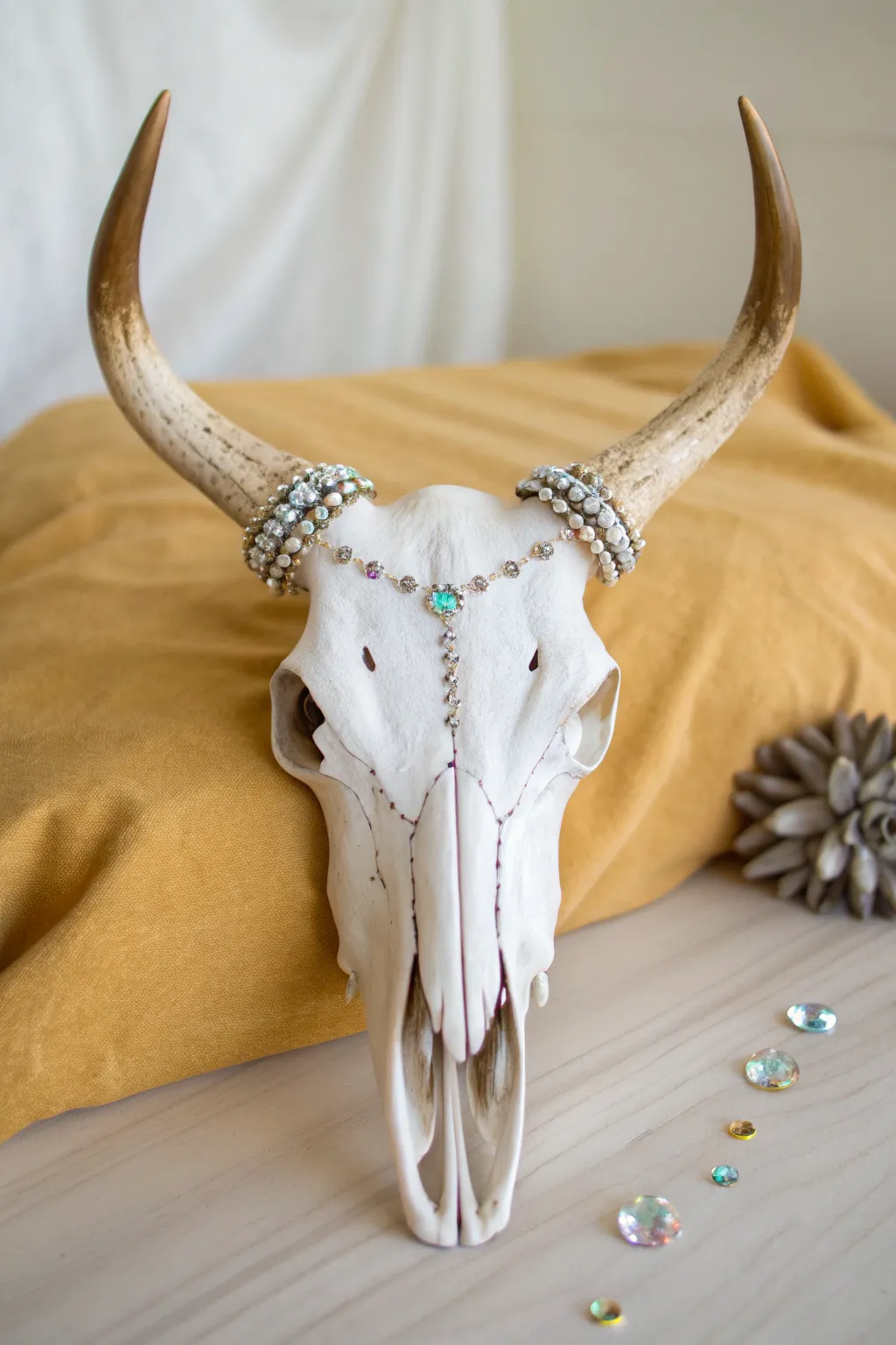 Boho crystal accents on a painted deer skull, softly lit for minimalist Scandinavian style.