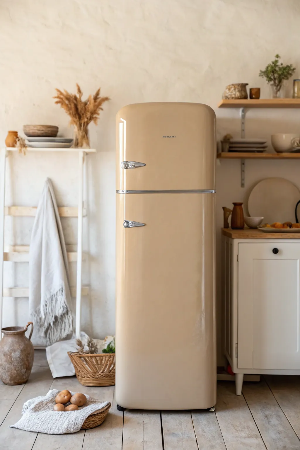 Warm greige painted fridge that melts into wood and ceramics for a calm, cozy neutral kitchen