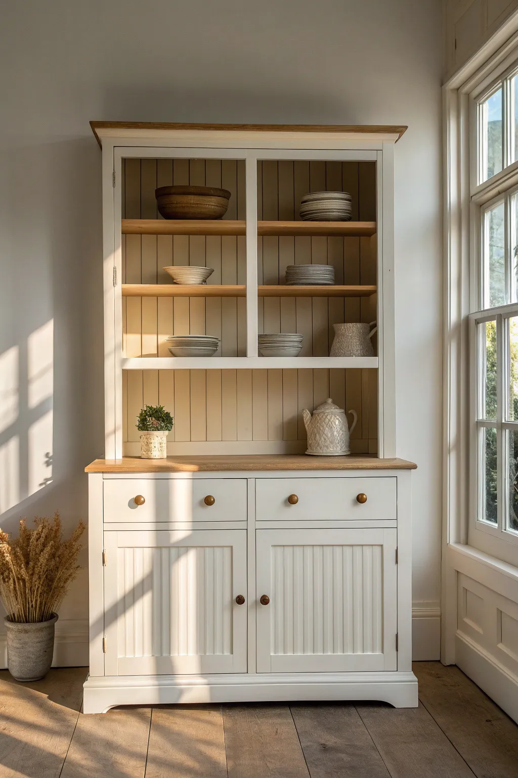 Subtle beadboard texture and soft shadows make this painted hutch feel calm and handcrafted.