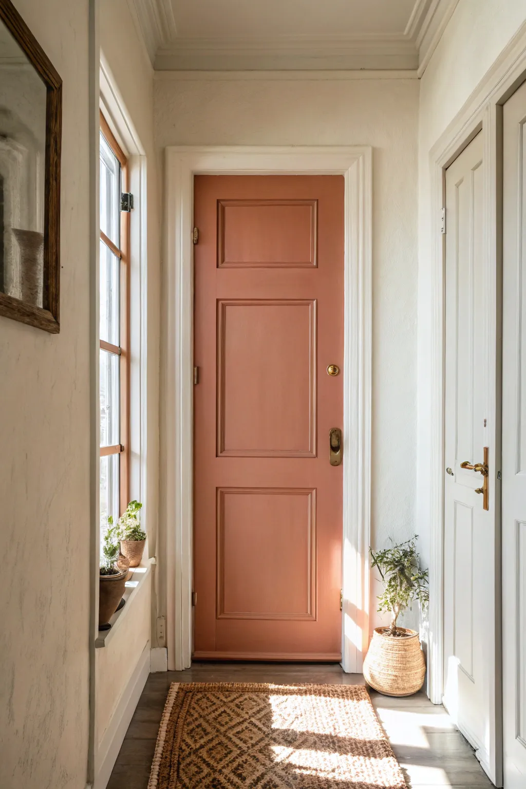 Cozy terracotta door against creamy walls, with jute texture and soft afternoon light warmth.