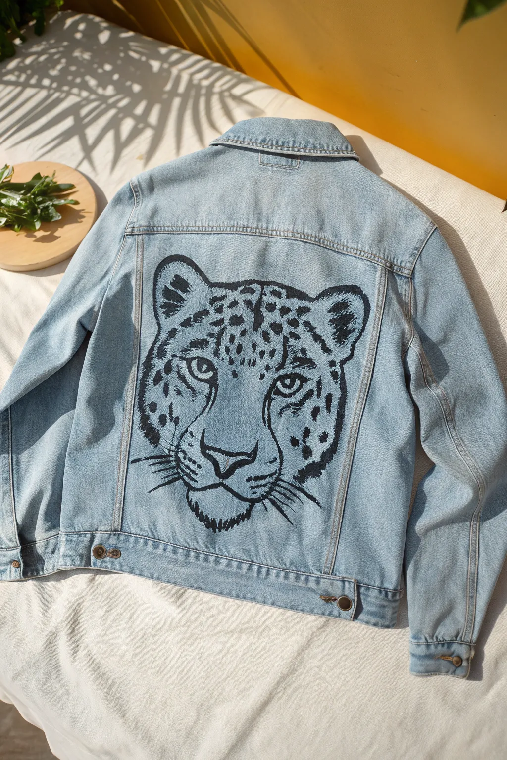 Bold animal eyes on the back panel make this painted jean jacket feel instantly alive
