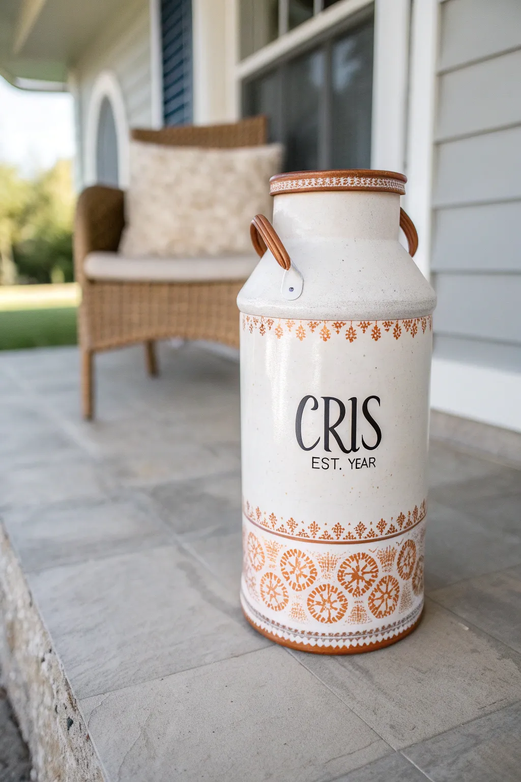 A hand-painted milk can with family name and Est. year for a simple, cozy porch vignette