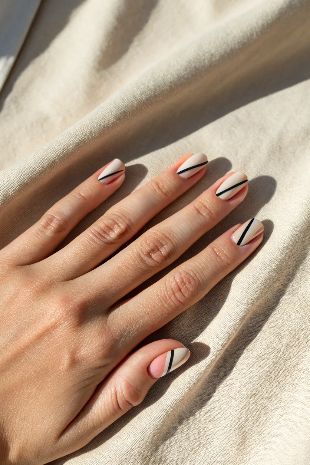 Sheer nude nails with ultra-fine two-tone stripes for clean, modern Scandinavian-boho style.
