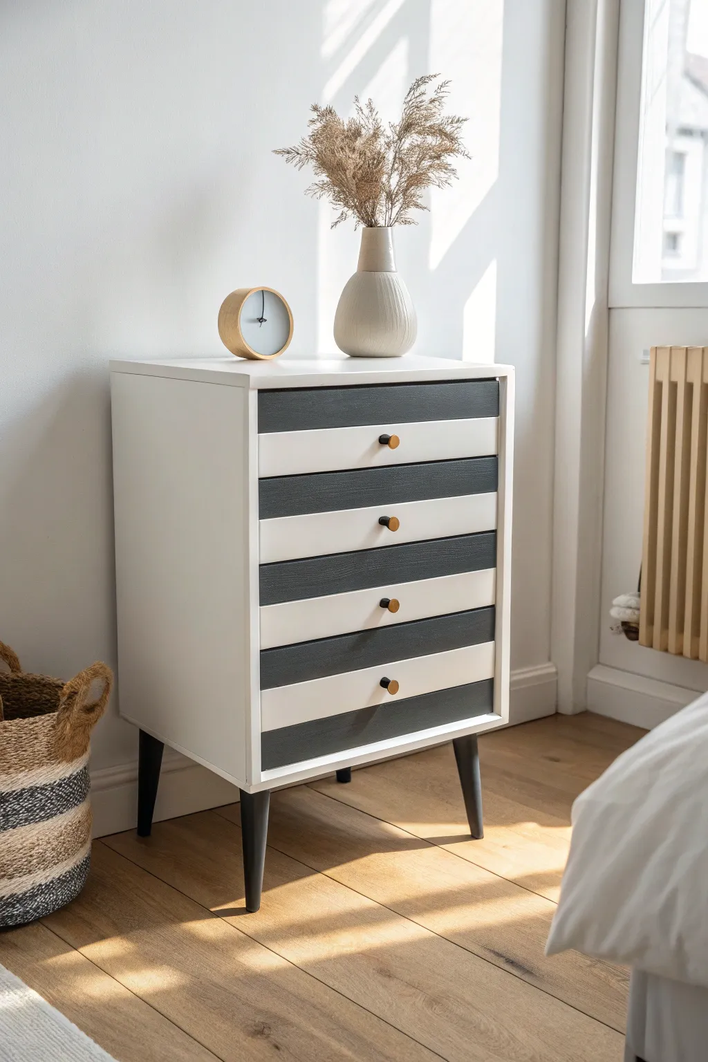 Crisp painted stripes turn a simple nightstand into a calm, modern statement piece.