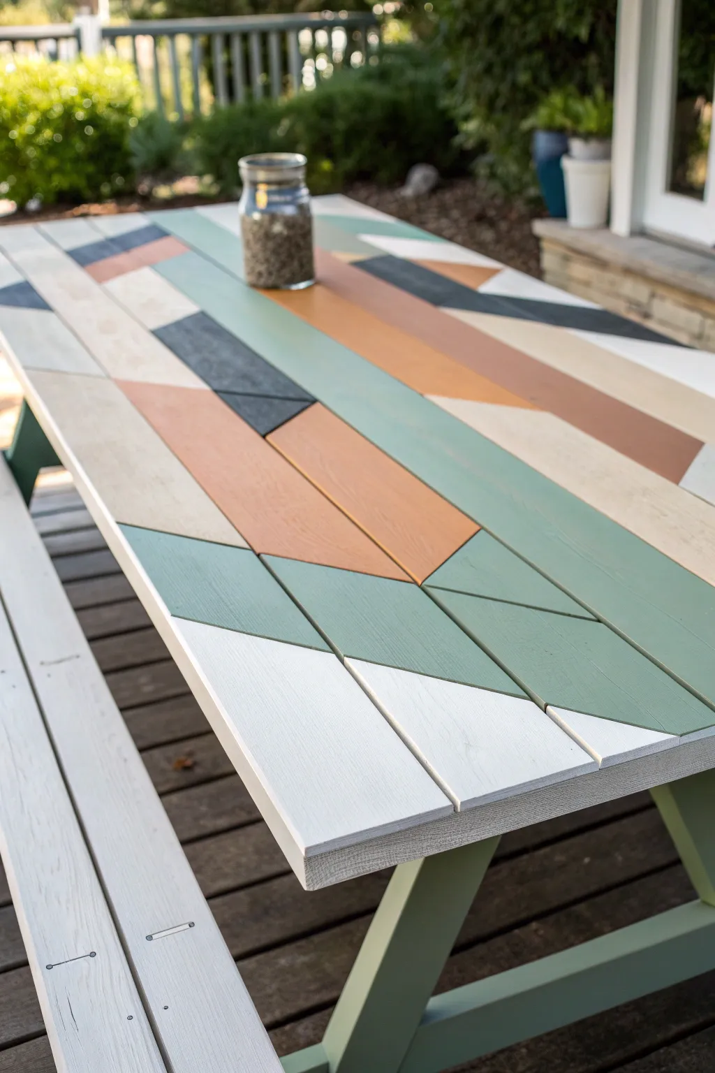 Geometric color-block tabletop with clean tape lines and a soft boho palette for outdoor charm.