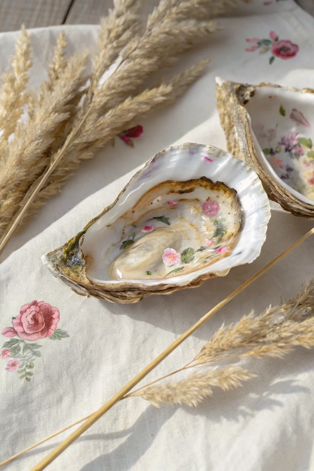 Floral decoupage oyster shell with glossy finish, styled minimal Scandinavian with boho warmth