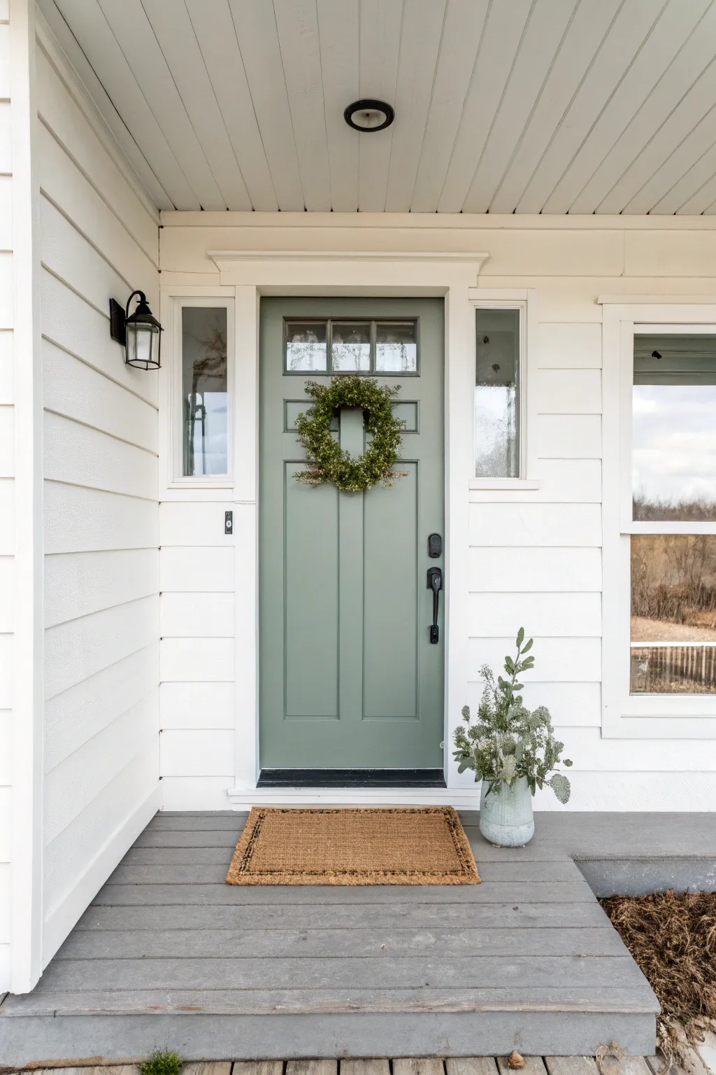 Tie your front door color to the porch floor for a calm, cohesive entry with simple boho touches
