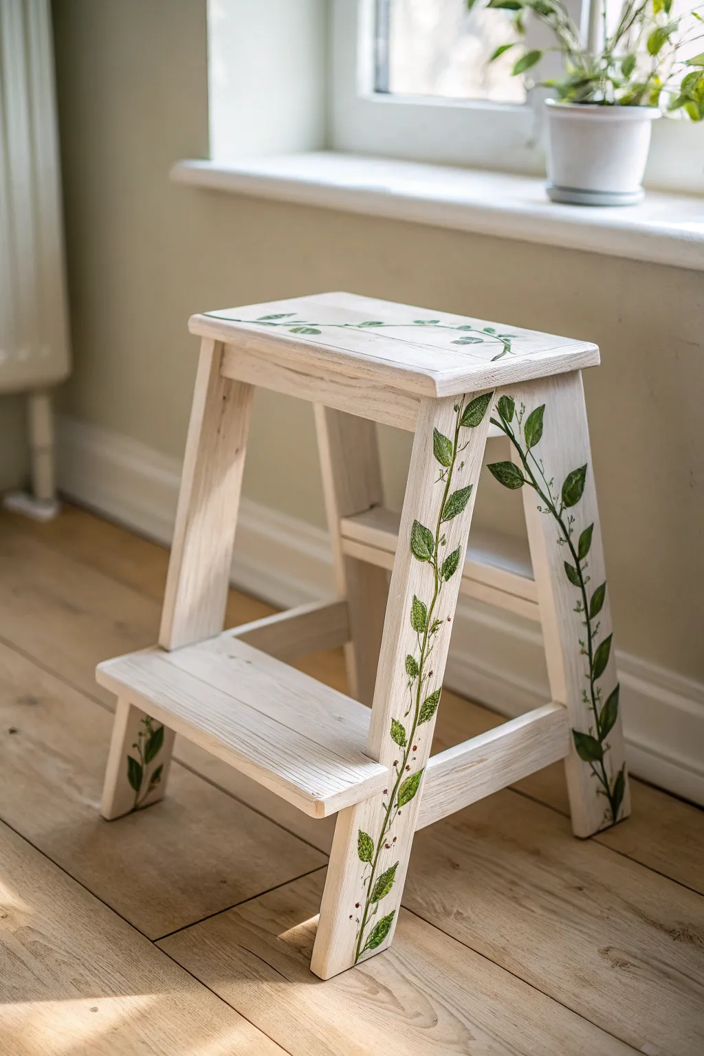 Leafy vine legs transform a simple step stool into a Scandinavian boho DIY accent piece.
