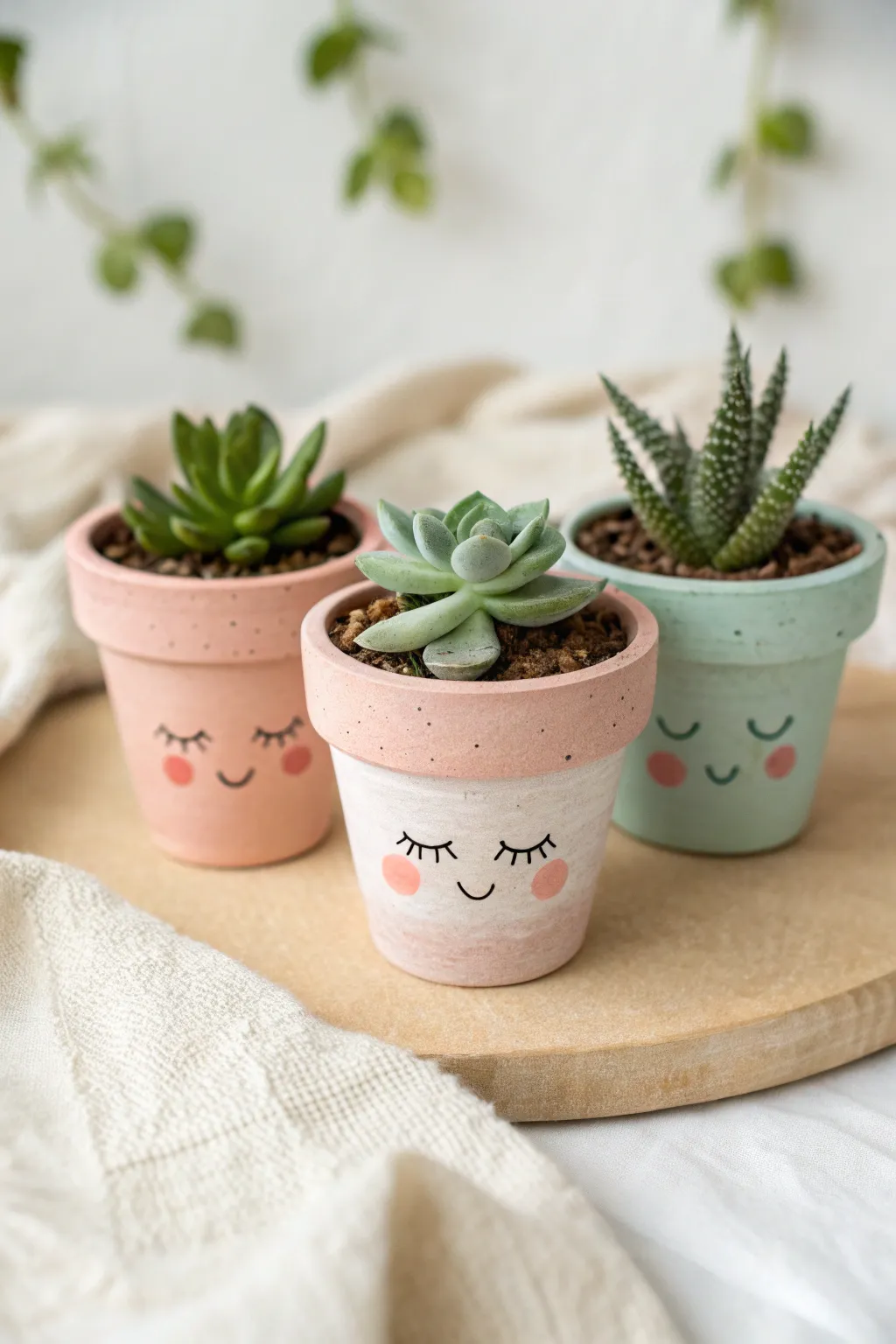 Three pastel kawaii mini terracotta pots with tiny succulents in a calm minimalist boho vibe