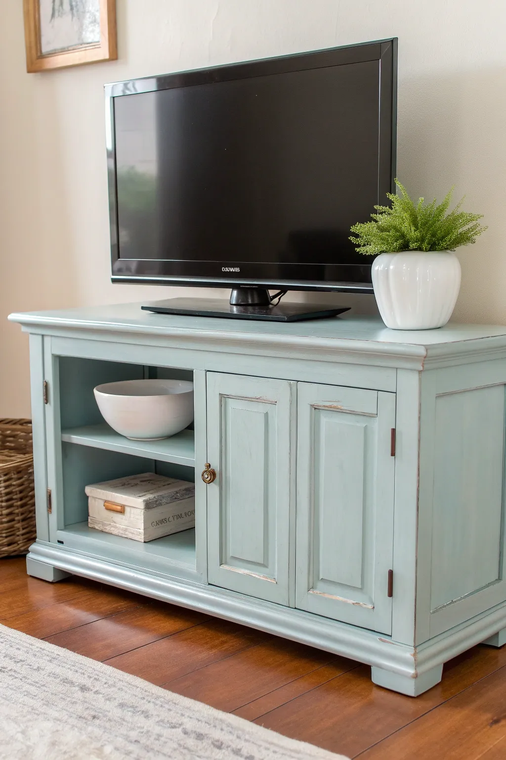 Light blue coastal TV stand with white ceramics and a small plant, styled in bright daylight