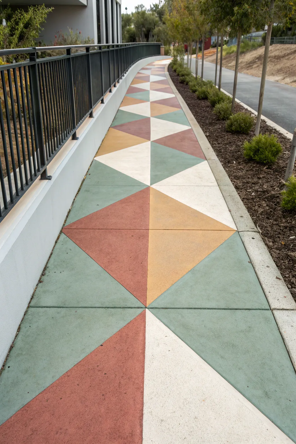 Geometric color blocks turn a plain concrete path into a clean, modern walkway with bold contrast