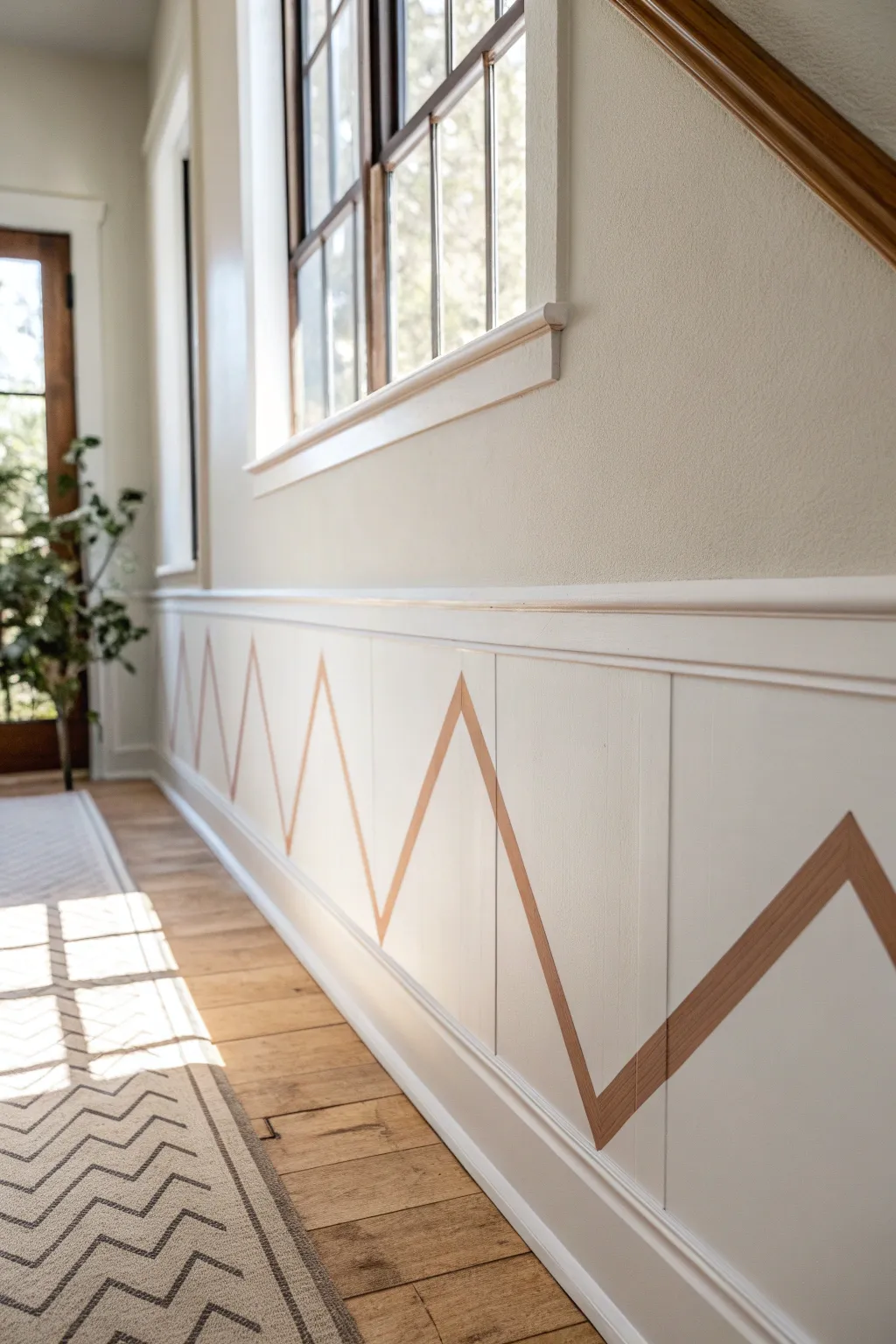 Crisp geometric tape border in muted terracotta for a clean Scandinavian wall accent.