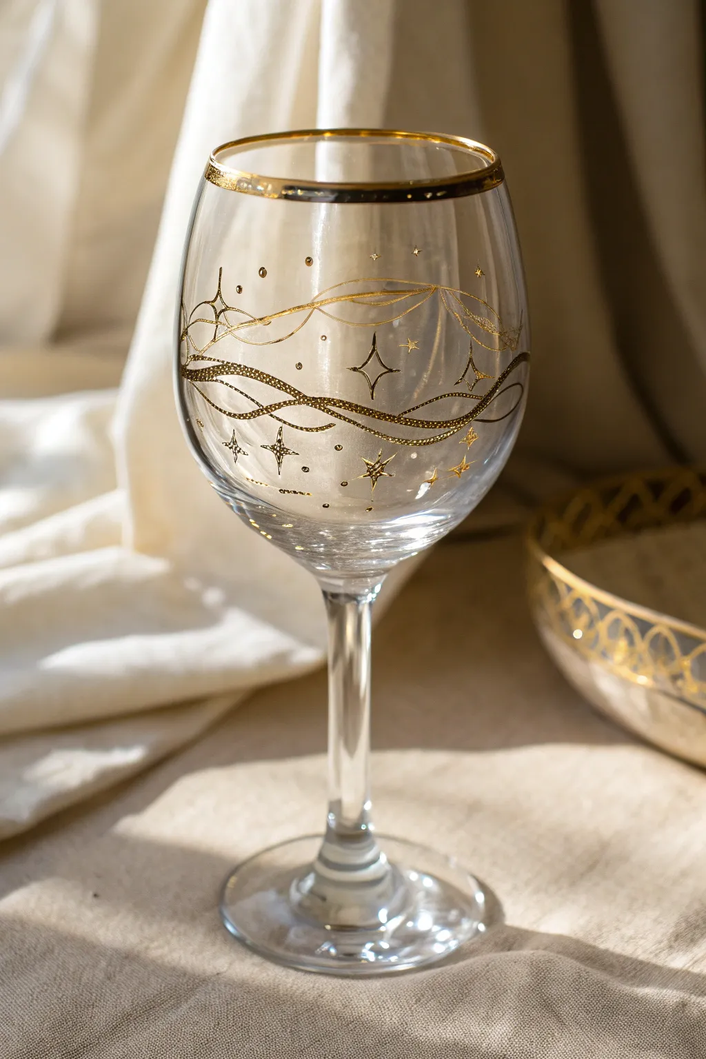 Minimal clear wine glass with delicate metallic linework for a subtle elevated finish