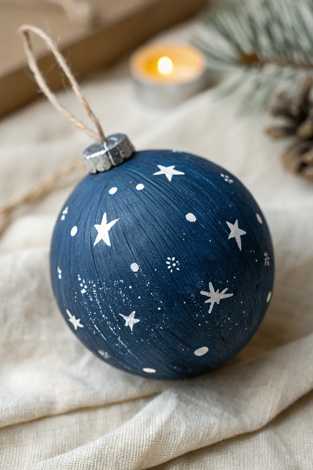 Starry night painted wood ornament in deep navy with splattered stars and a bright moon dot