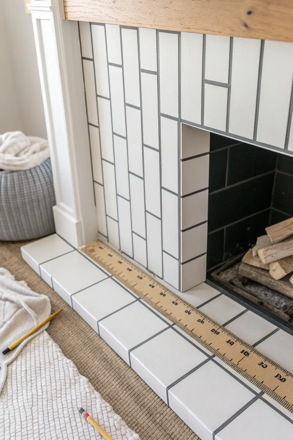 DIY painted fireplace tiles with clean grid lines for a soft subway-tile look, Scandinavian-boho.